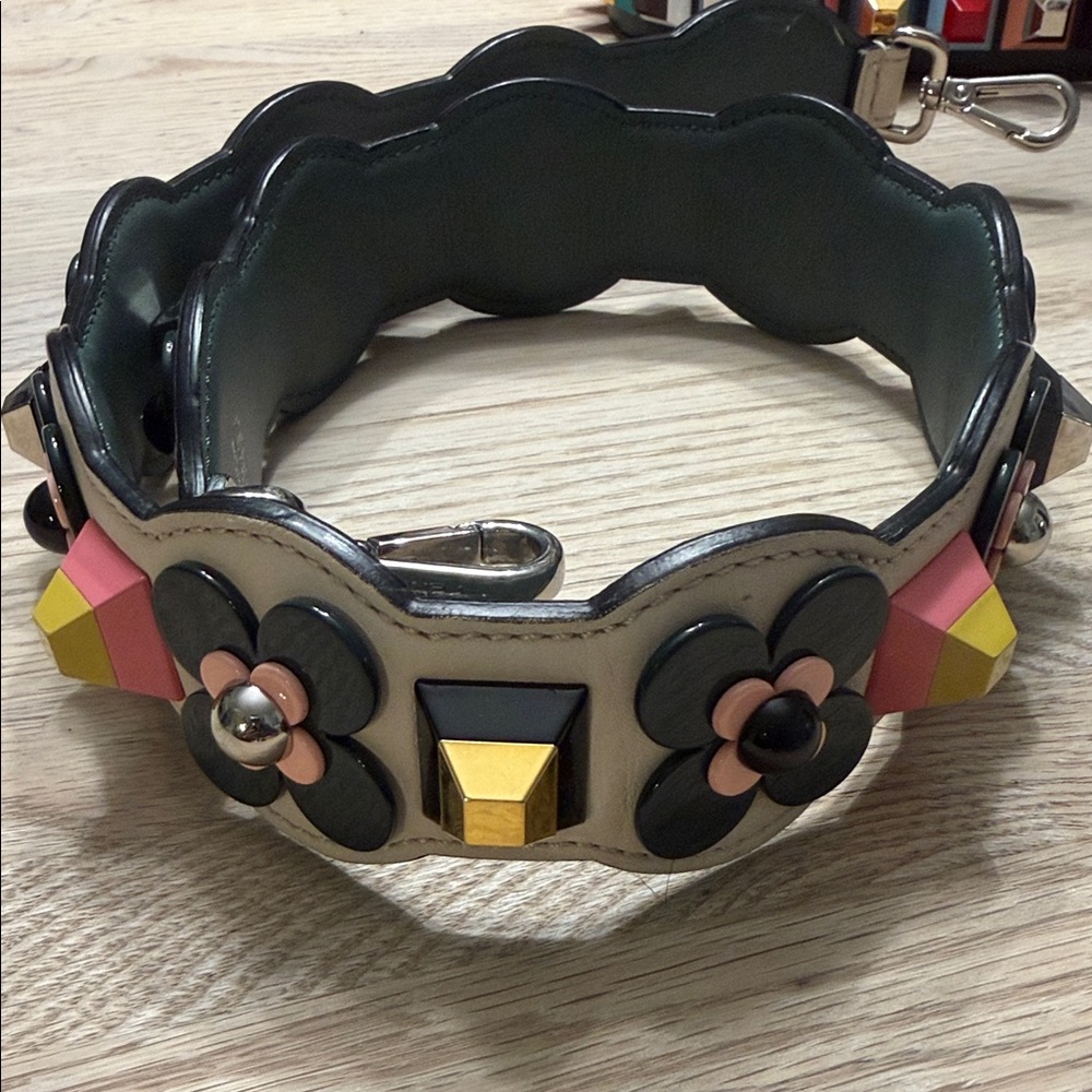 Fendi Strap You Floral Leather Belt with Dark Green, Pink, and Gold Accents